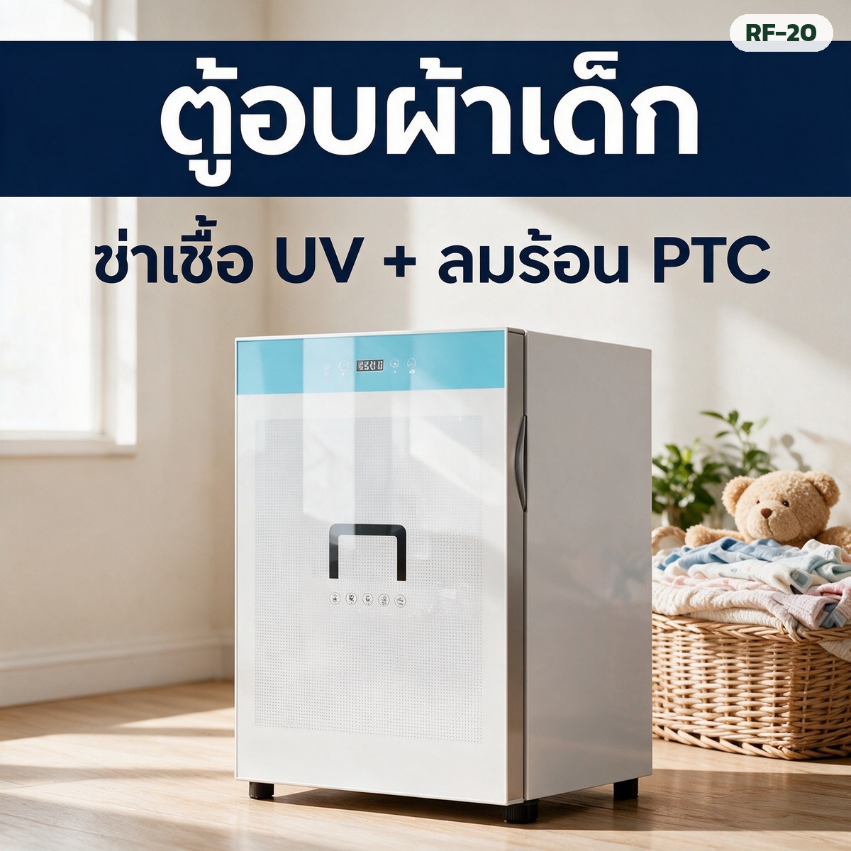 ตู้อบผ้าเด็ก ฆ่าเชื้อ UV + ลมร้อน PTC รุ่น RF-20 สีฟ้า