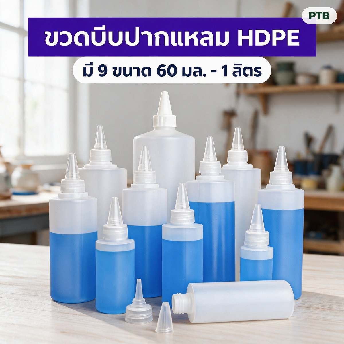ขวดบีบปากแหลม HDPE กึ่งใส มี 9 ขนาด ตั้งแต่ 60 มล. ถึง 1 ลิตร