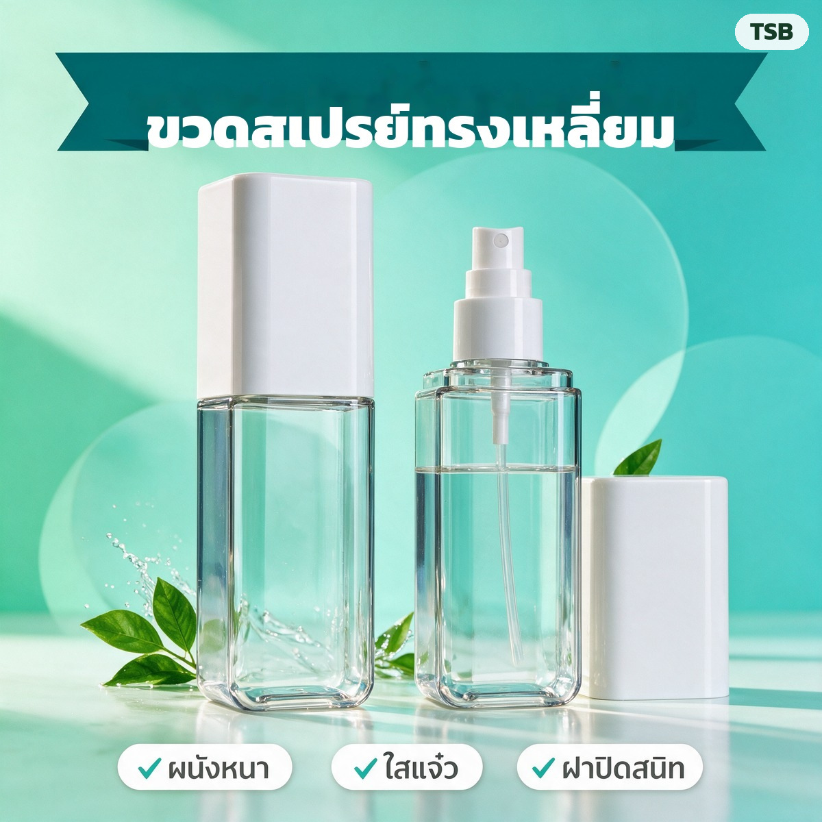ขวดสเปรย์ทรงเหลี่ยม PET ผนังหนา ใสแจ๋ว ฝาเหลี่ยมสีขาวครอบหัวสเปรย์