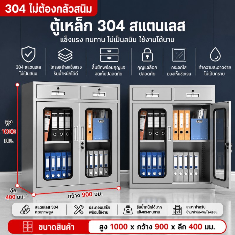 ตู้เหล็กสแตนเลส 304 บานบนกระจก-ล่างทึบ (ครึ่งกระจก) (สูง1000×กว้าง900×ลึก400 มม.)