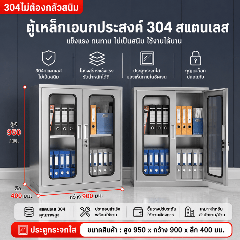 ตู้เหล็กสแตนเลส 304 บานเปิดกระจกนิรภัย (สูง950×กว้าง900×ลึก400 มม.)