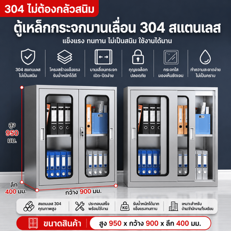 ตู้เหล็กสแตนเลส 304 บานเลื่อนกระจก (สูง950×กว้าง900×ลึก400 มม.)