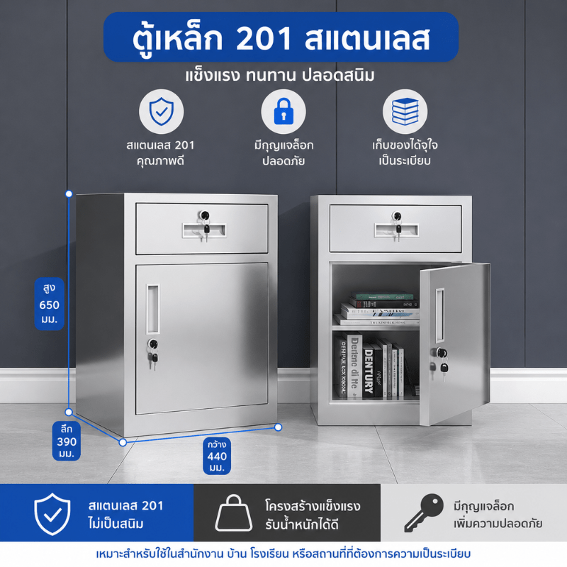 ตู้เหล็กสแตนเลส 201 ตู้เล็กบานเปิด + ลิ้นชัก (สูง650×กว้าง440×ลึก390 มม.)