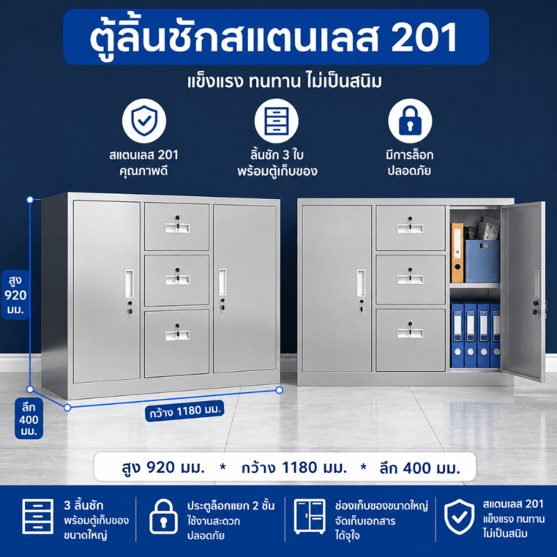 ตู้เหล็กสแตนเลส 201 บานเลื่อนหน้ากว้างพิเศษ (สูง920×กว้าง1180×ลึก400 มม.)