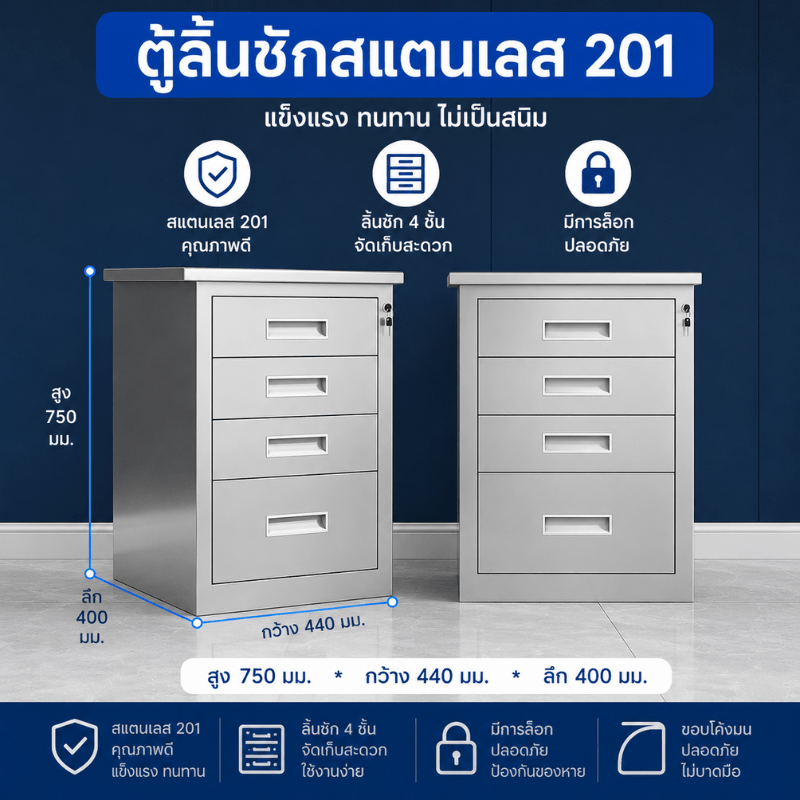 ตู้เหล็กสแตนเลส 201 ตู้ลิ้นชักเตี้ย 4 ลิ้นชัก (สูง750×กว้าง440×ลึก400 มม.)