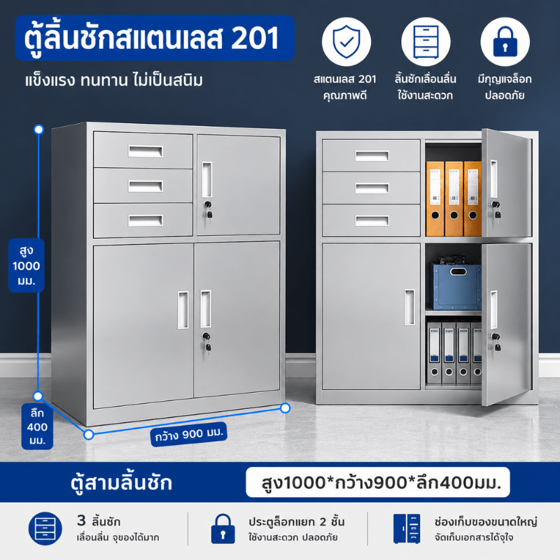 ตู้เหล็กสแตนเลส 201 ลิ้นชัก + บานเปิด (ตู้ผสมหลายช่อง) (สูง1000×กว้าง900×ลึก400 มม.)
