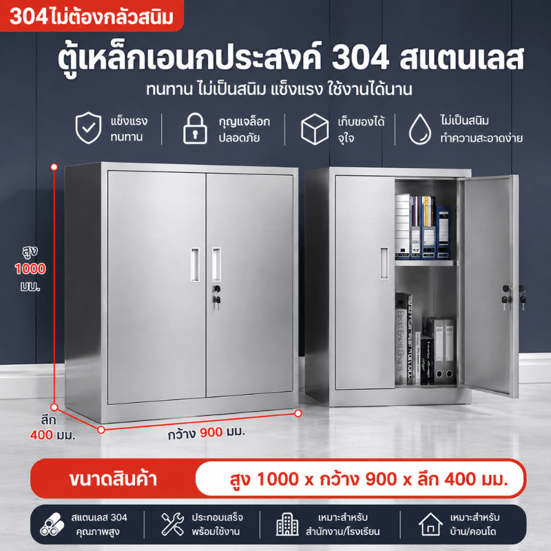 ตู้เหล็กสแตนเลส 304 บานเปิดทึบ 2 บาน + 2 ลิ้นชักบน (สูง1000×กว้าง900×ลึก400 มม.)