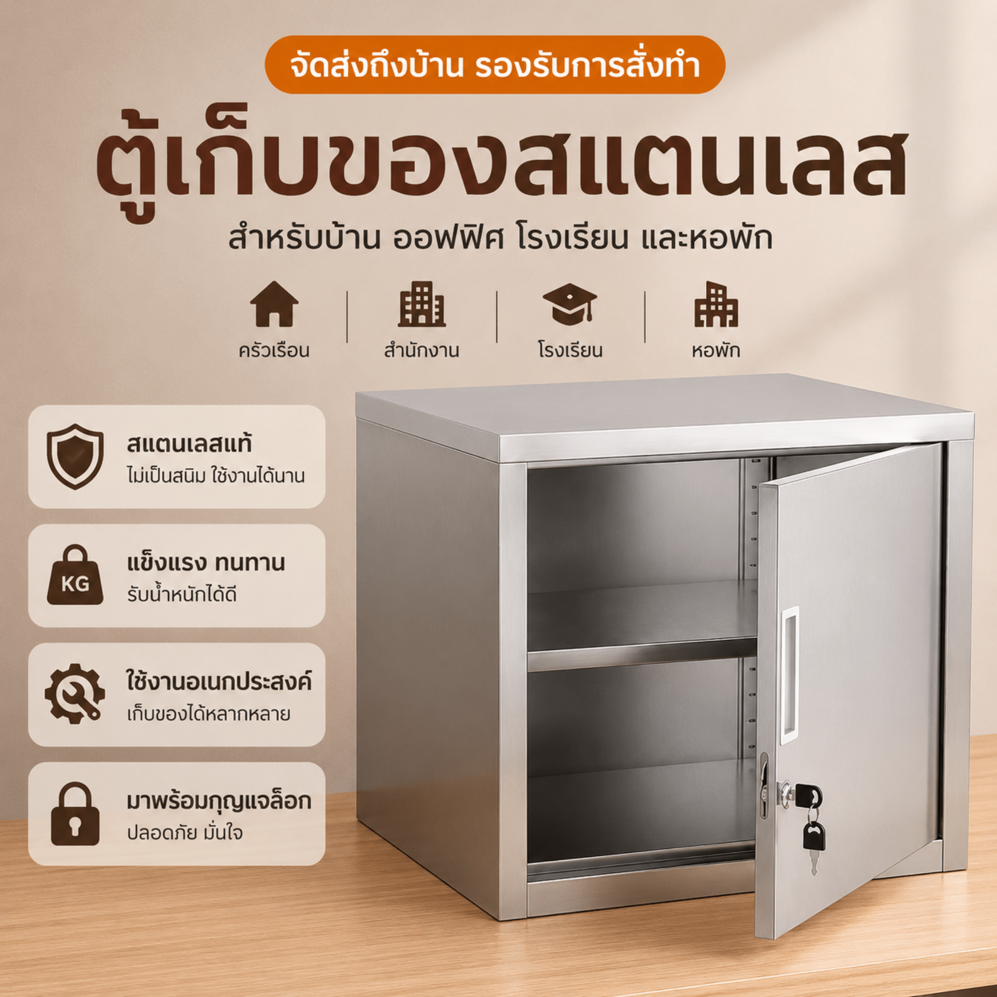 ตู้เก็บของสแตนเลส 304 บานเดียว ล็อกเดี่ยว 1 ชั้น ขนาด 35×30×30 ซม. (PYCM)