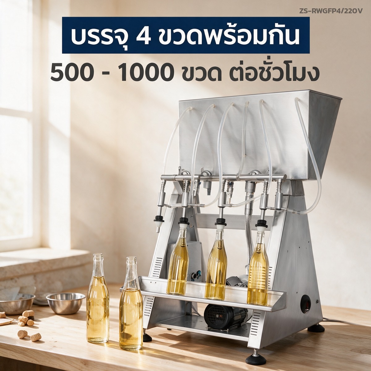 บรรจุ 4 ขวดพร้อมกัน กำลังผลิตประมาณ 500 - 1,000 ขวดต่อชั่วโมง