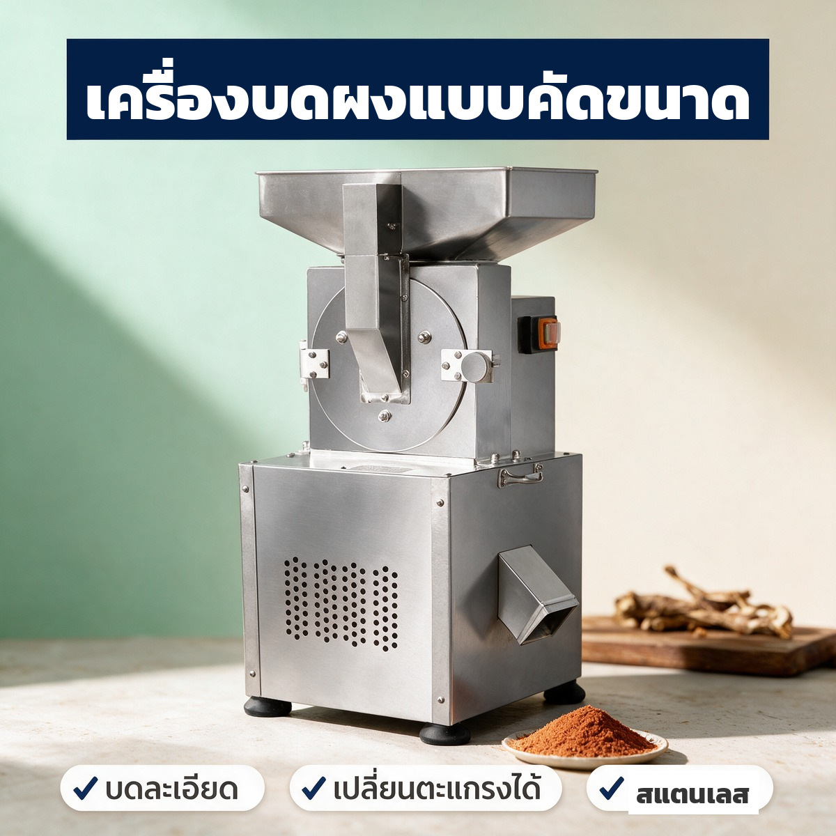 เครื่องบดผงสมุนไพร แบบคัดขนาด เปลี่ยนตะแกรงได้ 60-200 เมช ตัวถังสแตนเลส 4 รุ่น 5-65 กก./ชม.
