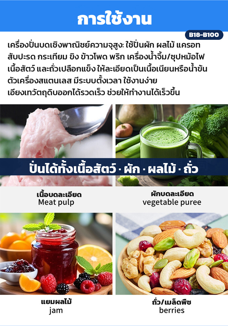 ตัวอย่างงานที่ปั่นได้ เนื้อบดละเอียด ผักบดละเอียด แยมผลไม้ และถั่ว
