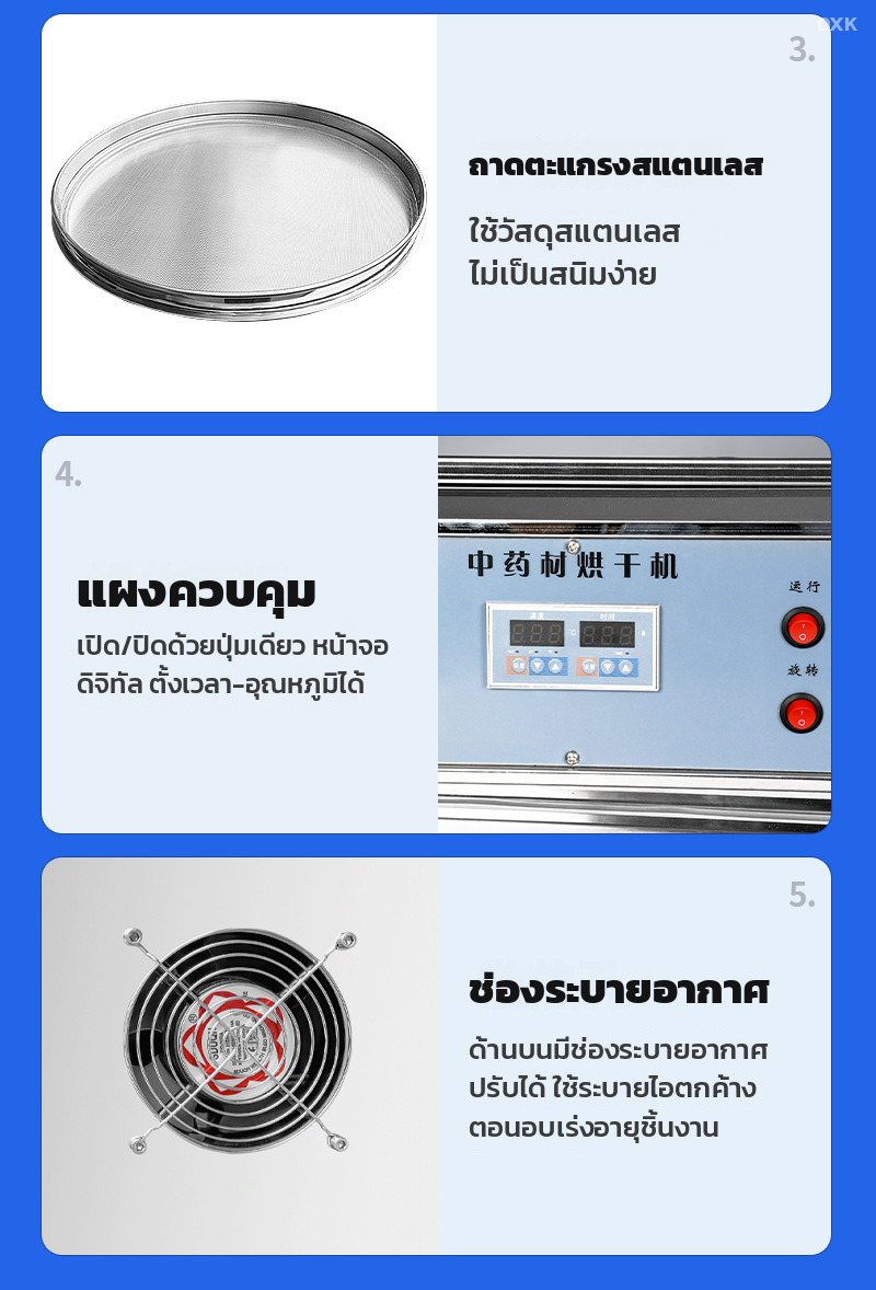 ถาดตะแกรงสแตนเลส แผงควบคุมดิจิทัล และช่องระบายอากาศด้านบน