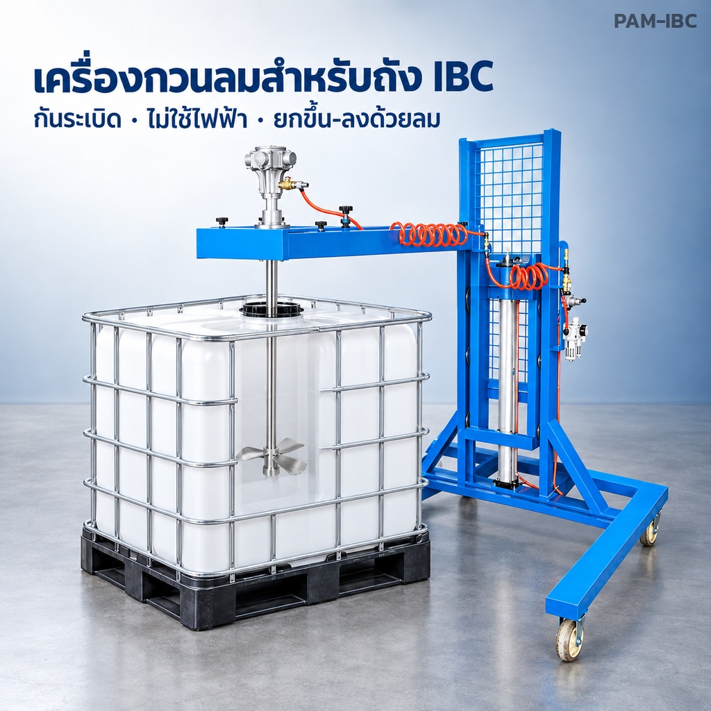 เครื่องกวนลม กันระเบิด สำหรับถัง IBC 1,000 ลิตร มอเตอร์ลม 3 สูบ / 5 สูบ / 5 สูบใหญ่ คานหนีบปากถัง และโครงรถเข็นยกด้วยลม