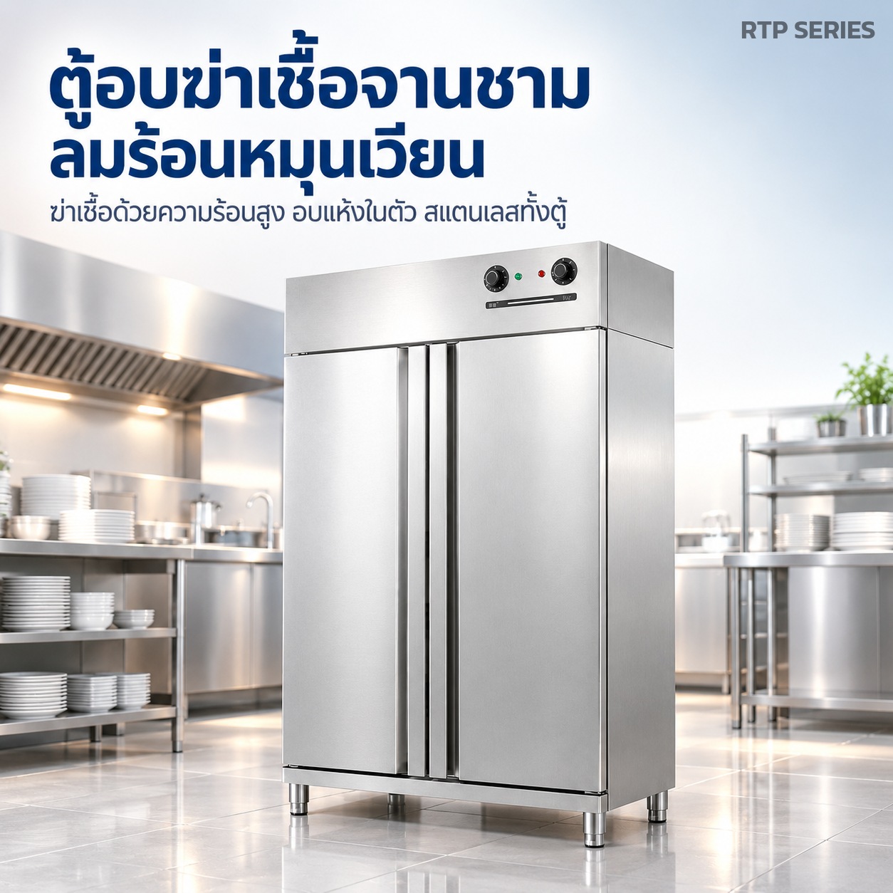 ตู้อบฆ่าเชื้อจานชาม ลมร้อนหมุนเวียน อุณหภูมิสูง สแตนเลส ประตูเดี่ยว / 2 ประตู / 3 ประตู / แบบรถเข็น / สำหรับถังซุป 42 รุ่น