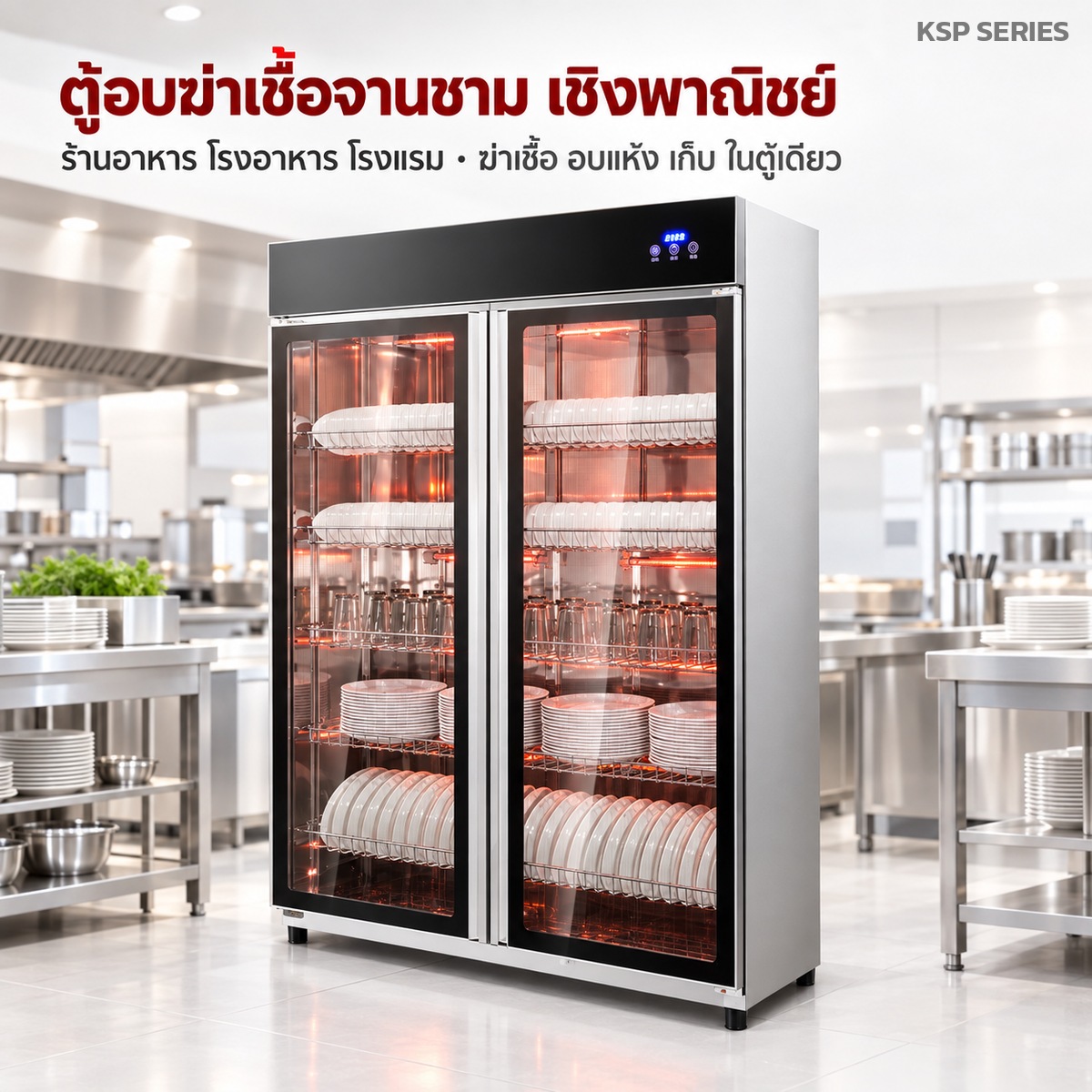 ตู้อบฆ่าเชื้อจานชาม เชิงพาณิชย์ อินฟราเรด 75 °C + โอโซน อบแห้งลมร้อน ตู้เดี่ยว 2 บาน บน-ล่าง / ประตูกระจก 570-1150 มม. สแตนเลส 20 รุ่น