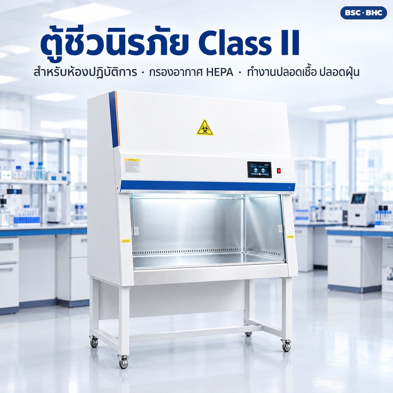 ตู้ชีวนิรภัย Class II A2 / B2 (Biosafety Cabinet) สำหรับห้องปฏิบัติการ กรอง HEPA จอสัมผัส / รีโมท ตั้งโต๊ะ 1 คน 2 คน 3 คน ตระกูล BSC / BHC 23 รุ่น