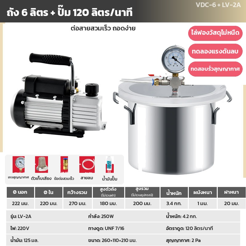 ชุดถัง 6 ลิตร + ปั๊ม LV-2A (ปั๊มหิ้ว 120 ลิตร/นาที) ต่อสายสวมเร็ว ถอดง่าย