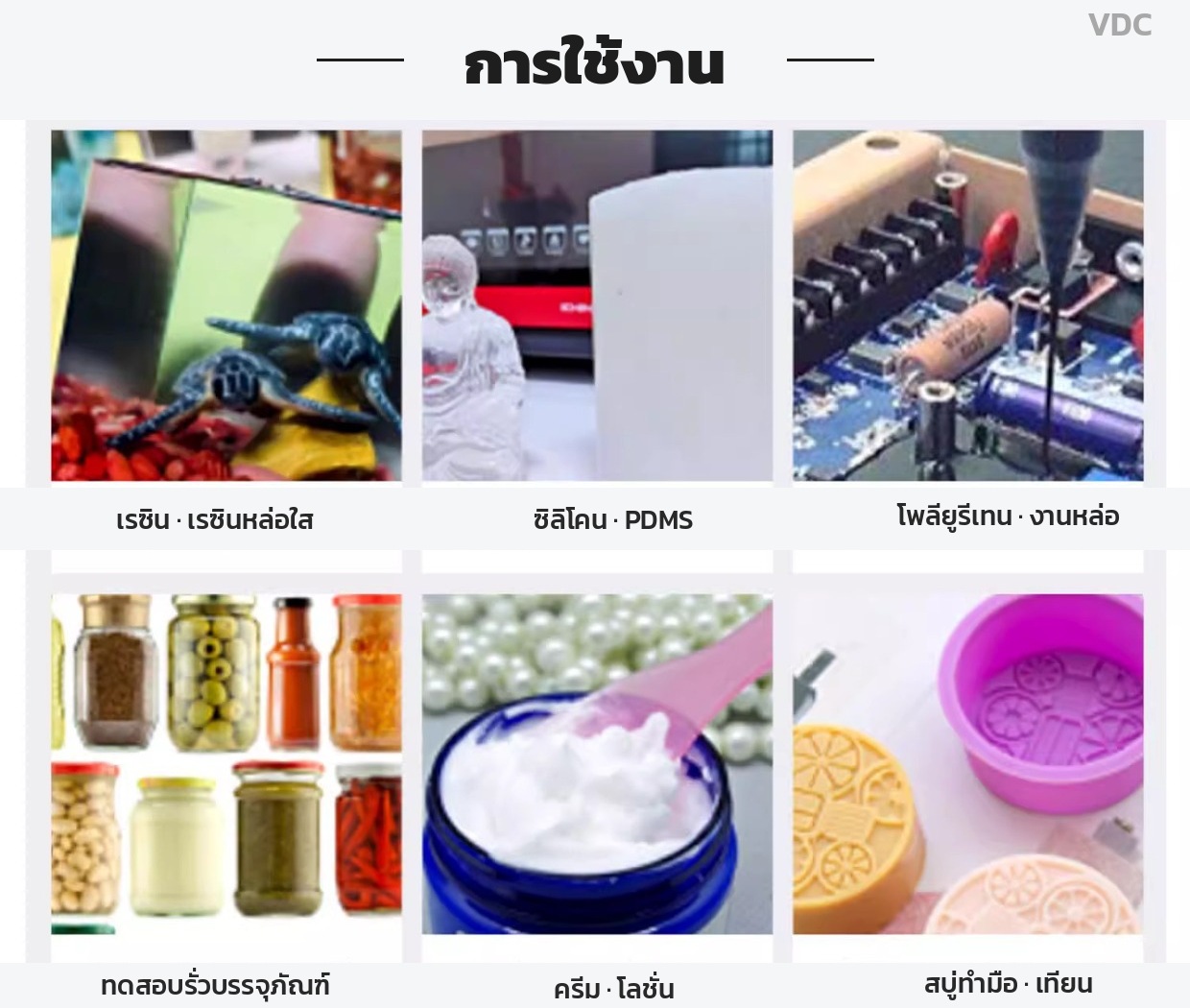 การใช้งาน เรซิน ซิลิโคน PDMS โพลียูรีเทน ทดสอบรั่วบรรจุภัณฑ์ ครีม โลชั่น สบู่ทำมือ เทียน