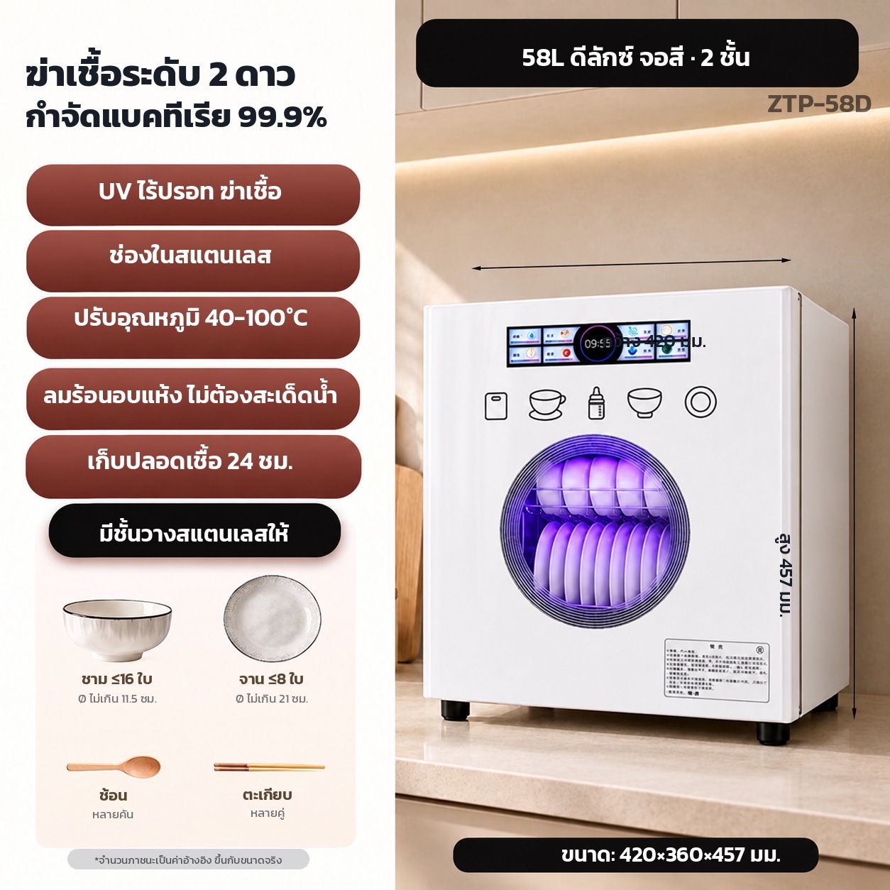 รุ่น ZTP-58D — 58 ลิตร ชั้นวาง 2 ชั้น สีขาว · ดีลักซ์ จอสีระบบสัมผัส ปรับอุณหภูมิ 40-100 °C ตั้งเวลา 45/60/90 นาที โหมดเก็บรักษา 24 ชม. · ตู้ 420×360×457 มม. · ชาม ≈16 ใบ จาน ≈8 ใบ ต่อรอบ · เหมาะกับ 2-4 คน · กล่อง 47.5×42.5×55.5 ซม. 6 กก.
