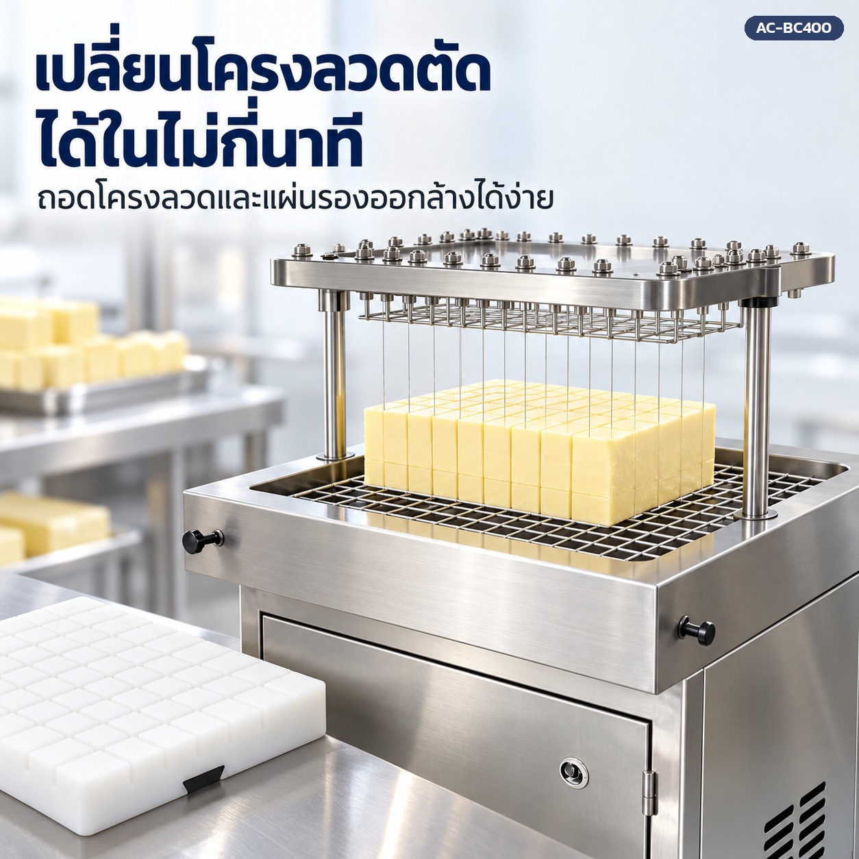 เปลี่ยนโครงลวดตัดและแผ่นรองของเครื่องตัดเนยได้ในไม่กี่นาที ถอดล้างทำความสะอาดง่าย