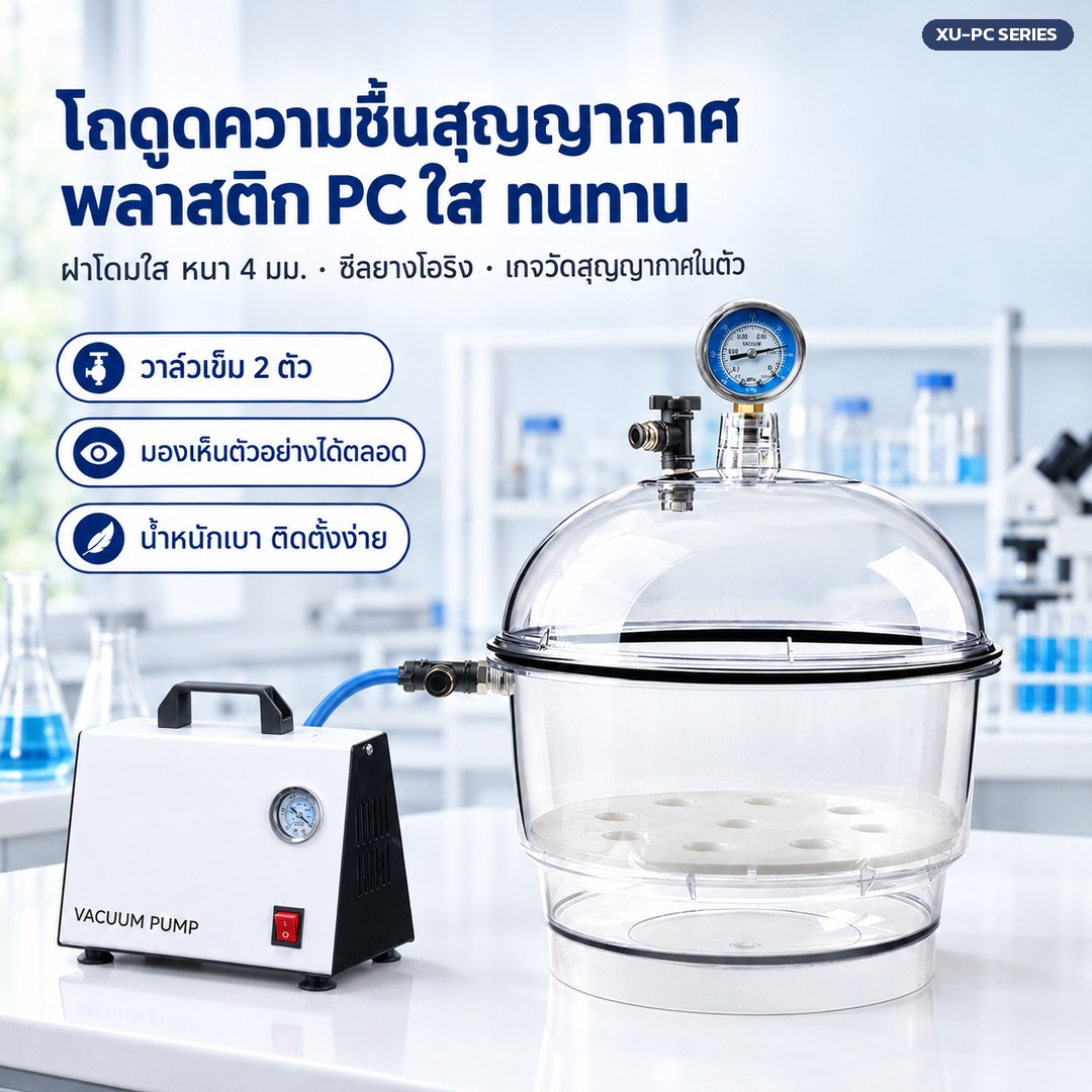 โถดูดความชื้นสุญญากาศ พลาสติก PC ใส ฝาโดมหนา 4 มม. ซีลยางโอริง เกจวัดสุญญากาศในตัว