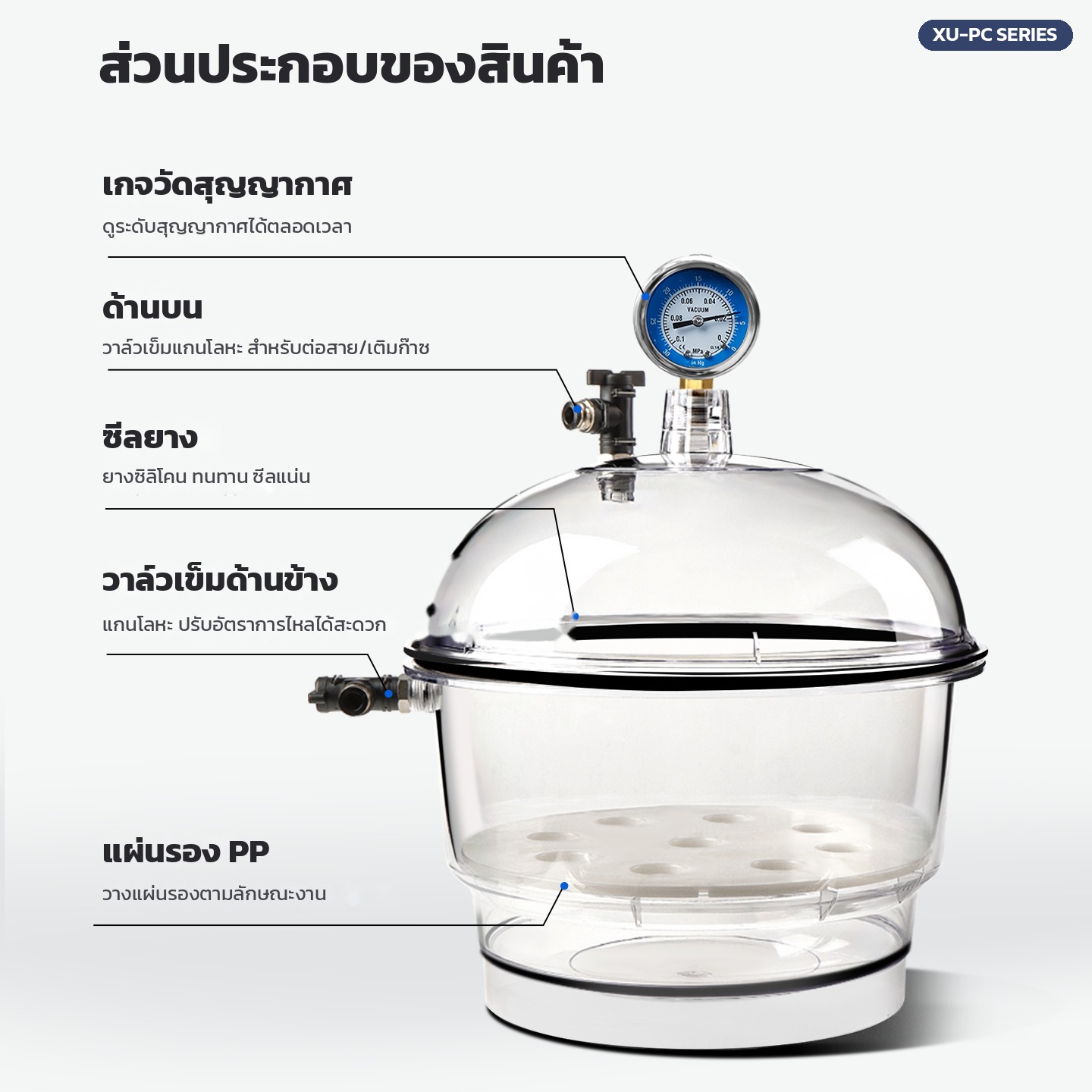 ส่วนประกอบโถดูดความชื้นสุญญากาศ เกจวัด วาล์วเข็มด้านบน ซีลยาง วาล์วเข็มด้านข้าง แผ่นรอง PP