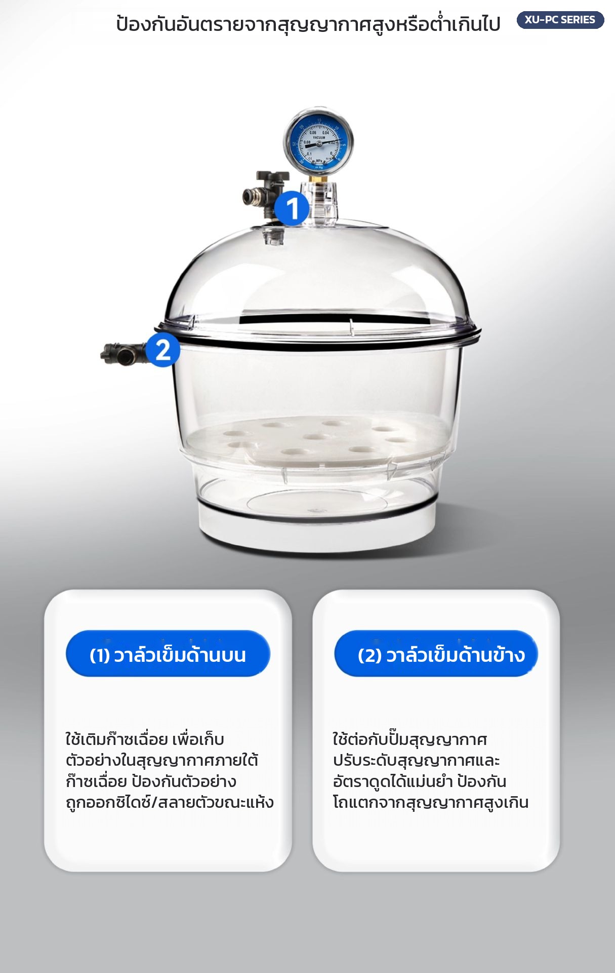 วาล์วเข็มด้านบนสำหรับเติมก๊าซเฉื่อย และวาล์วเข็มด้านข้างสำหรับต่อปั๊มสุญญากาศ