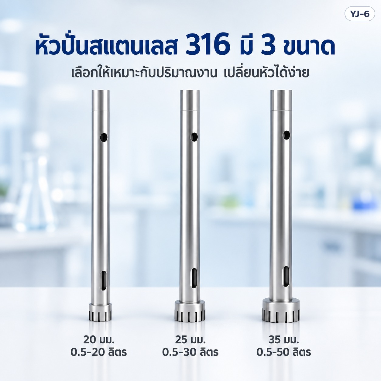 หัวปั่นสแตนเลส 316 เครื่องโฮโมจีไนเซอร์ 3 ขนาด 20 / 25 / 35 มม. ปั่นได้ 0.5-20 / 0.5-30 / 0.5-50 ลิตร
