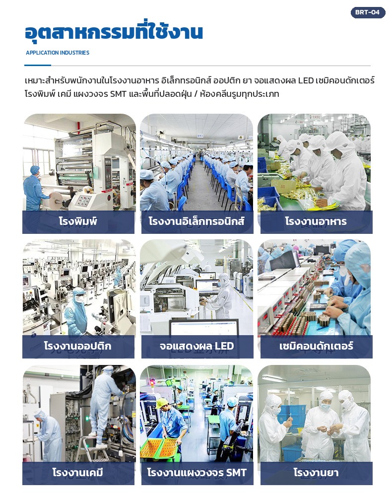 อุตสาหกรรมที่ใช้รองเท้าป้องกันไฟฟ้าสถิต โรงพิมพ์ อิเล็กทรอนิกส์ อาหาร ออปติก LED เซมิคอนดักเตอร์ เคมี SMT ยา