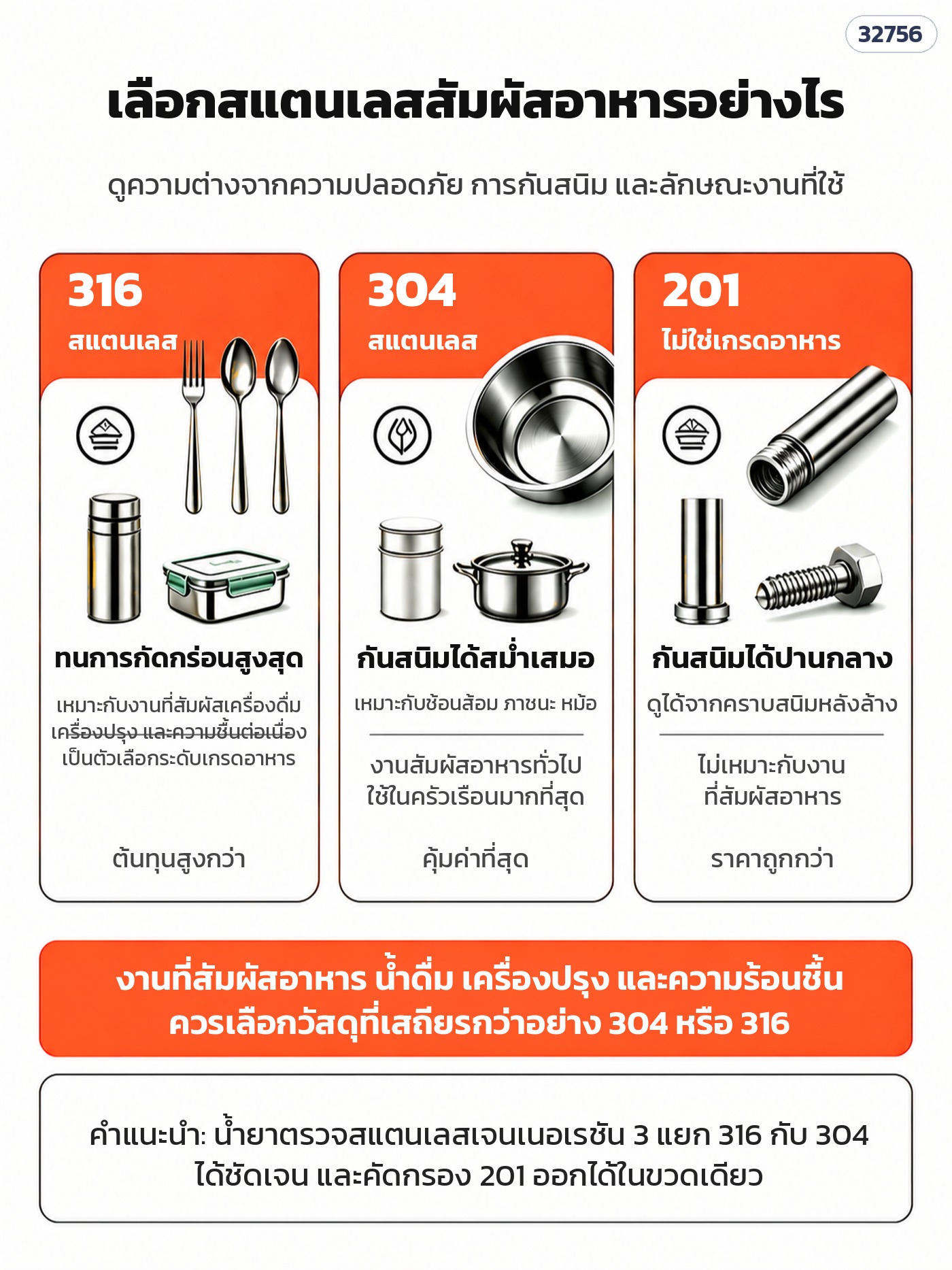 เลือกสแตนเลสสำหรับงานสัมผัสอาหาร เปรียบเทียบ 316 304 และ 201