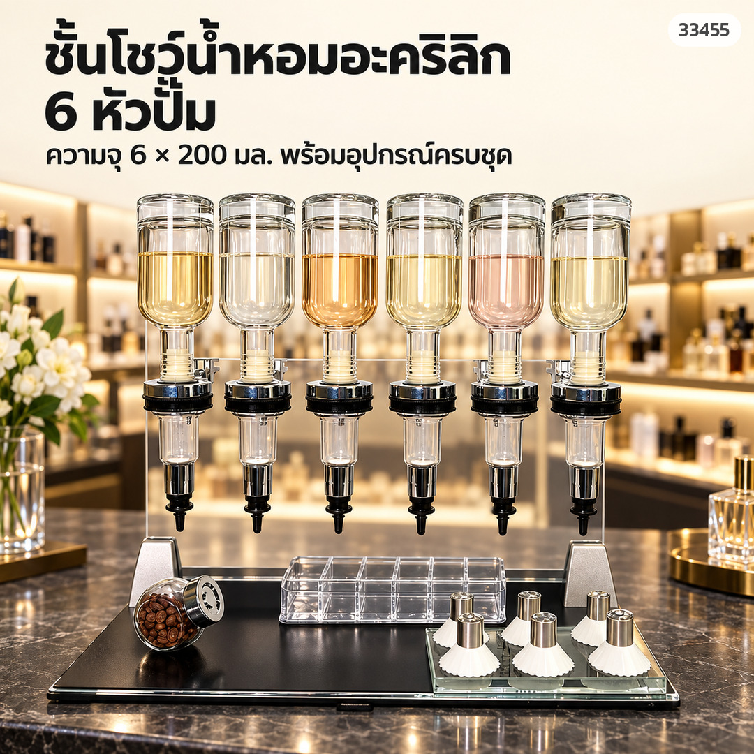 ชั้นโชว์น้ำหอมอะคริลิก แท่นจ่ายน้ำหอมแบ่งขาย ขวดแก้ว 200 มล. หัวปั๊มมีขีดบอกปริมาณ รุ่น XS01 XS02 XS03 (6 / 8 / 12 หัวปั๊ม)