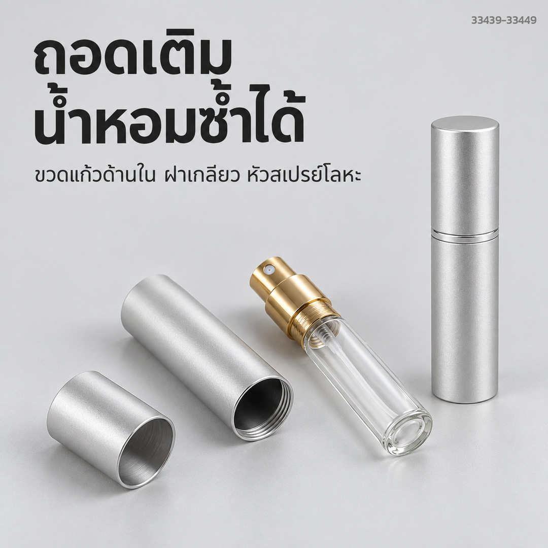 ขวดแบ่งน้ำหอมพกพา 10 มล. ถอดขวดแก้วด้านในมาเติมน้ำหอมซ้ำได้ ปากเกลียว หัวสเปรย์โลหะ