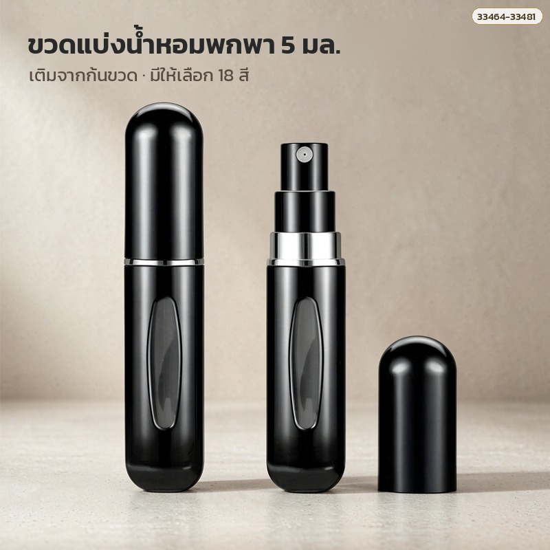 ขวดแบ่งน้ำหอมพกพา 5 มล. อะลูมิเนียม ถอดฝาครอบแล้วเห็นหัวสเปรย์ละอองฝอย