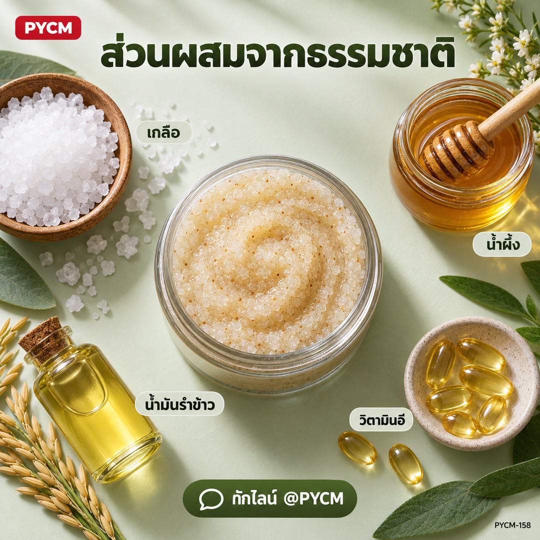 ส่วนผสมจากธรรมชาติ เกลือ น้ำผึ้ง น้ำมันรำข้าว วิตามินอี