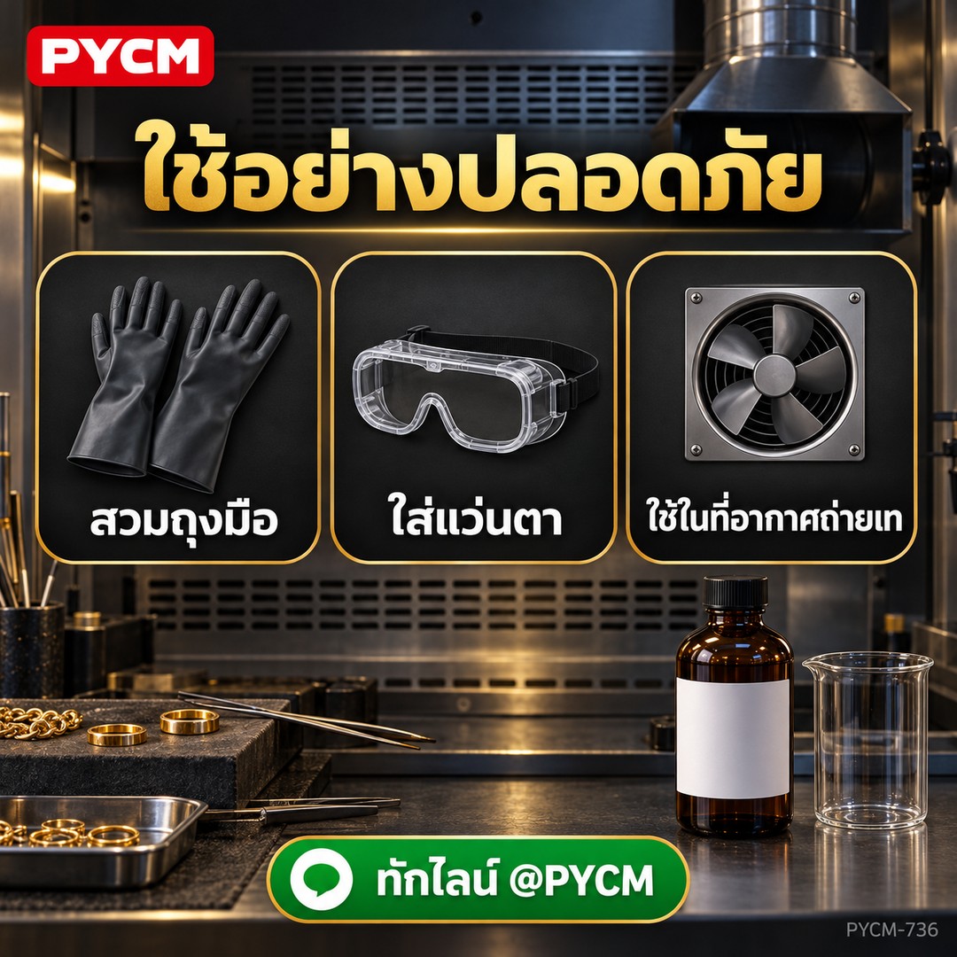 ใช้อย่างปลอดภัย สวมถุงมือ ใส่แว่นตา ใช้ในที่อากาศถ่ายเท