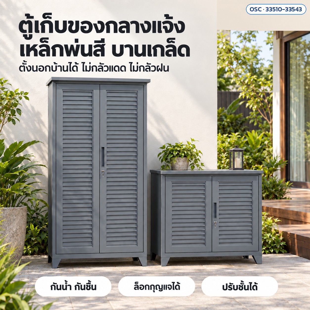 ตู้เก็บของกลางแจ้ง เหล็กพ่นสี บานเกล็ด ตั้งนอกบ้านได้