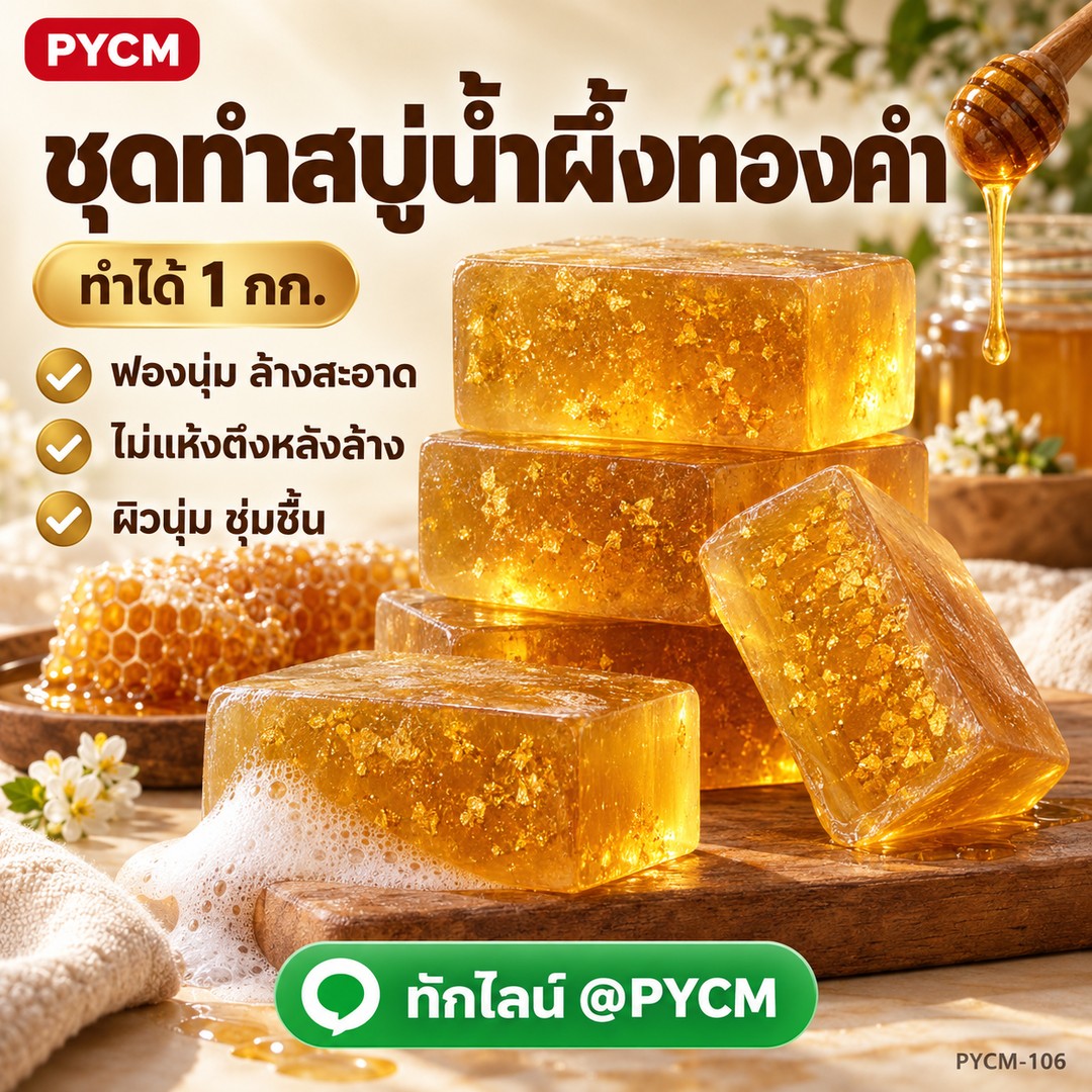 ชุดทำ สบู่ก้อนน้ำผึ้งทองคำ 1 กก. น้ำผึ้ง วิตามินอี ฟองนุ่ม ผิวไม่แห้งตึง PYCM-106