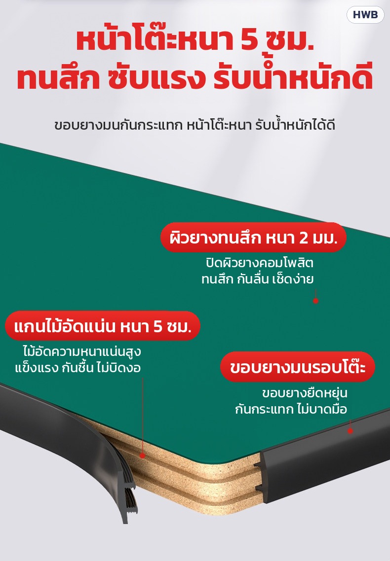 หน้าโต๊ะหนา 5 ซม. ผิวยางทนสึก 2 มม. ขอบยางมน