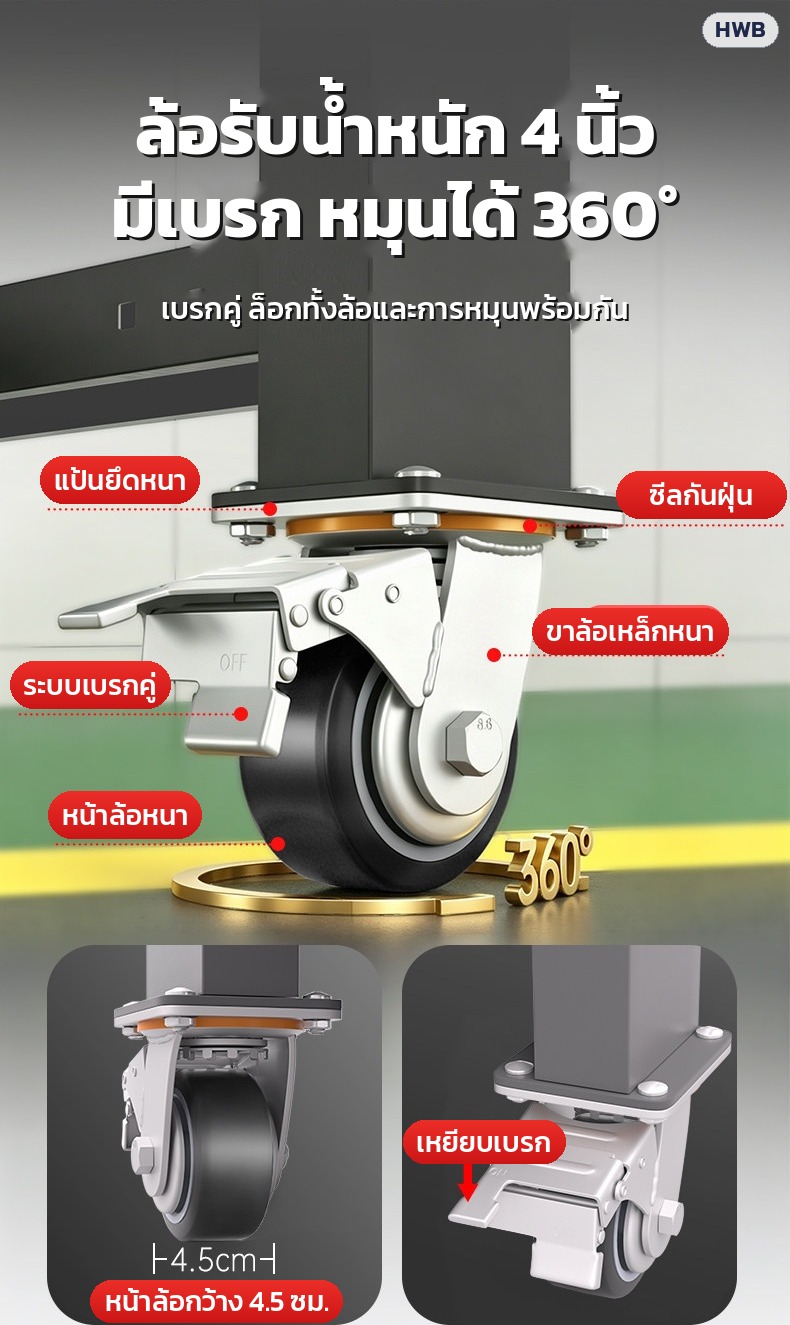 ล้อรับน้ำหนัก 4 นิ้ว มีเบรกคู่ หมุนได้ 360°