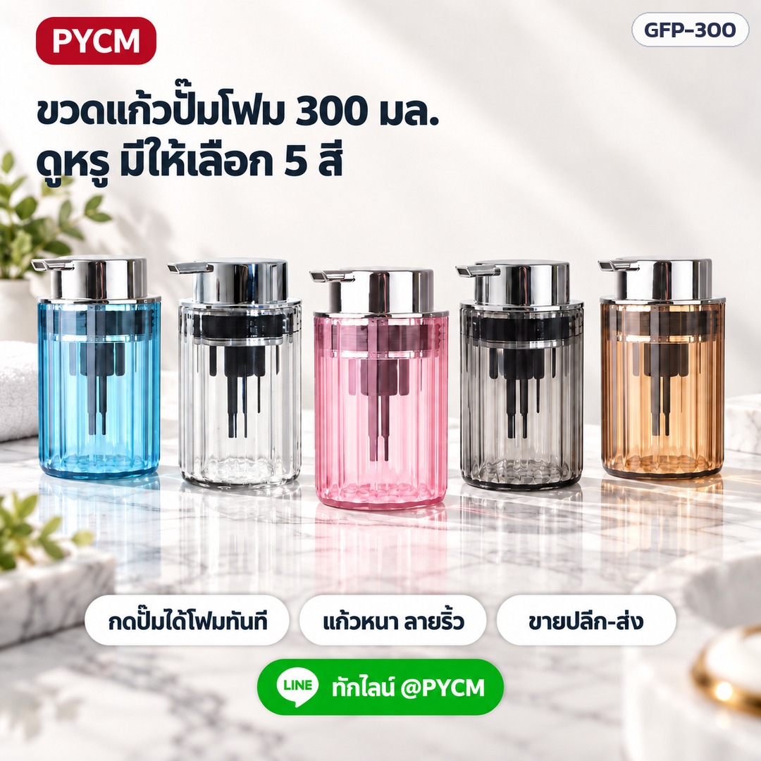 ขวดแก้วปั๊มโฟม 300 มล. มีให้เลือก 5 สี