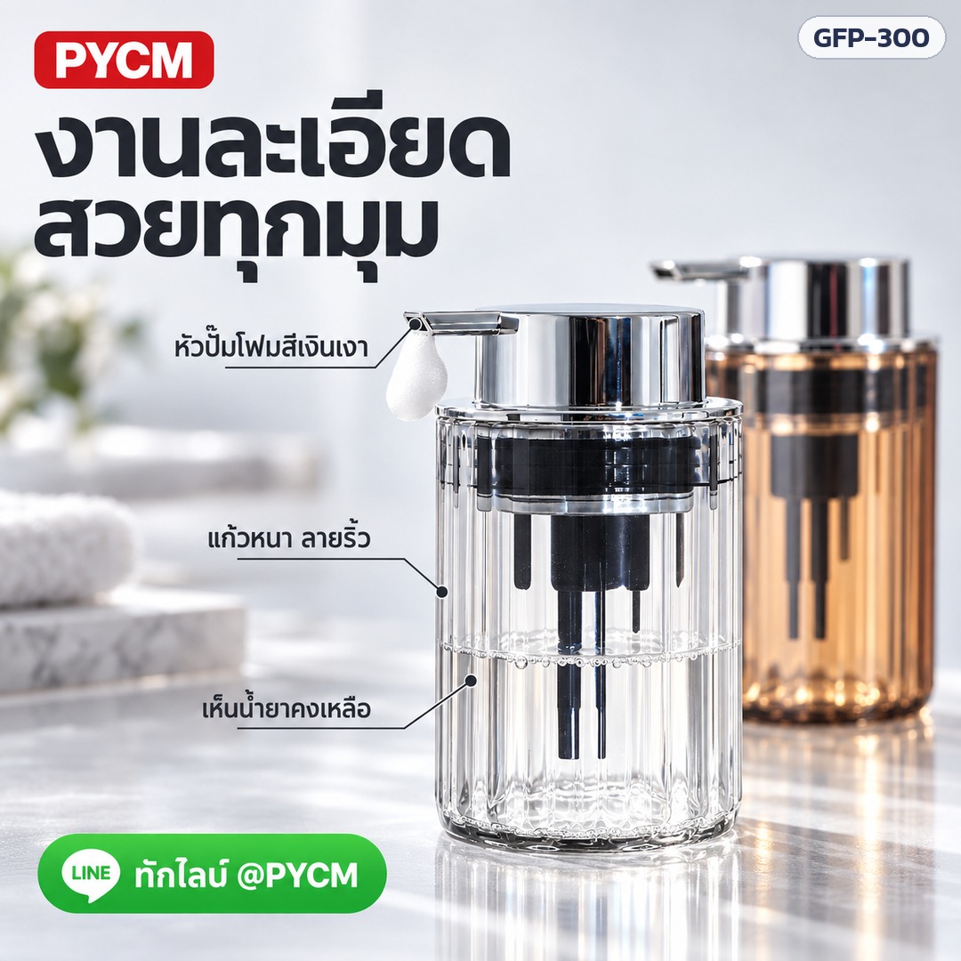 ขวดแก้วปั๊มโฟม 300 มล. – งานละเอียด หัวปั๊มโฟมสีเงินเงา แก้วหนาลายริ้ว