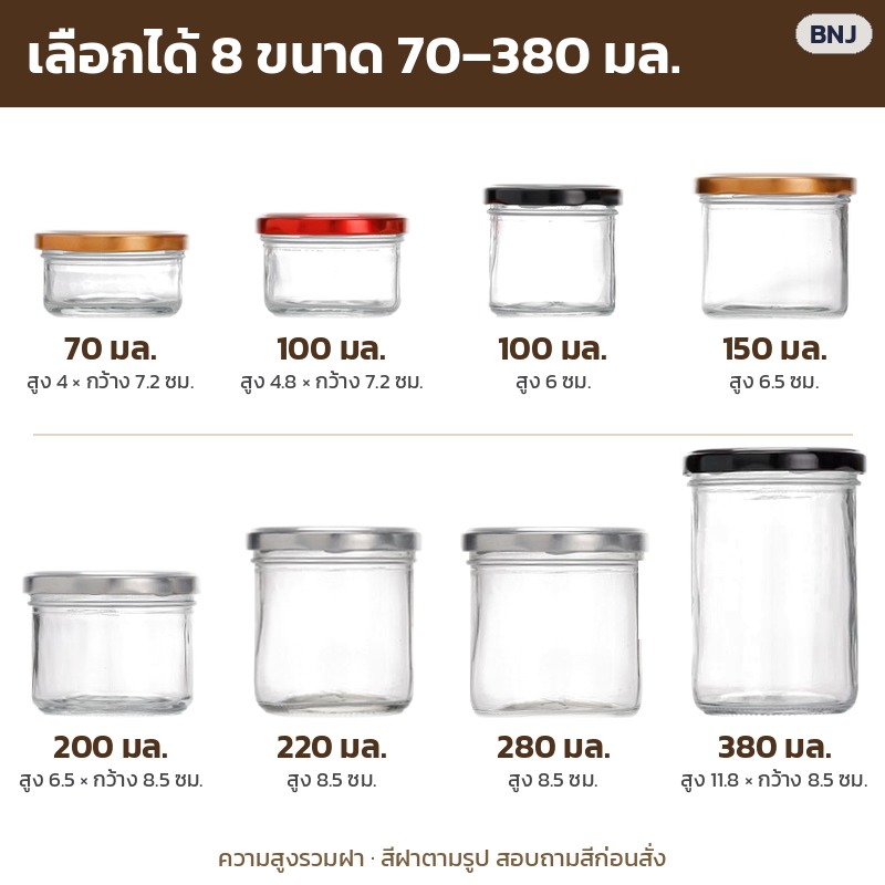 ขวดโหลแก้วฝาล็อกเกลียว ปากกว้าง – เลือกได้ 8 ขนาด 70–380 มล. (ภาพเทียบความสูงรวมฝา)