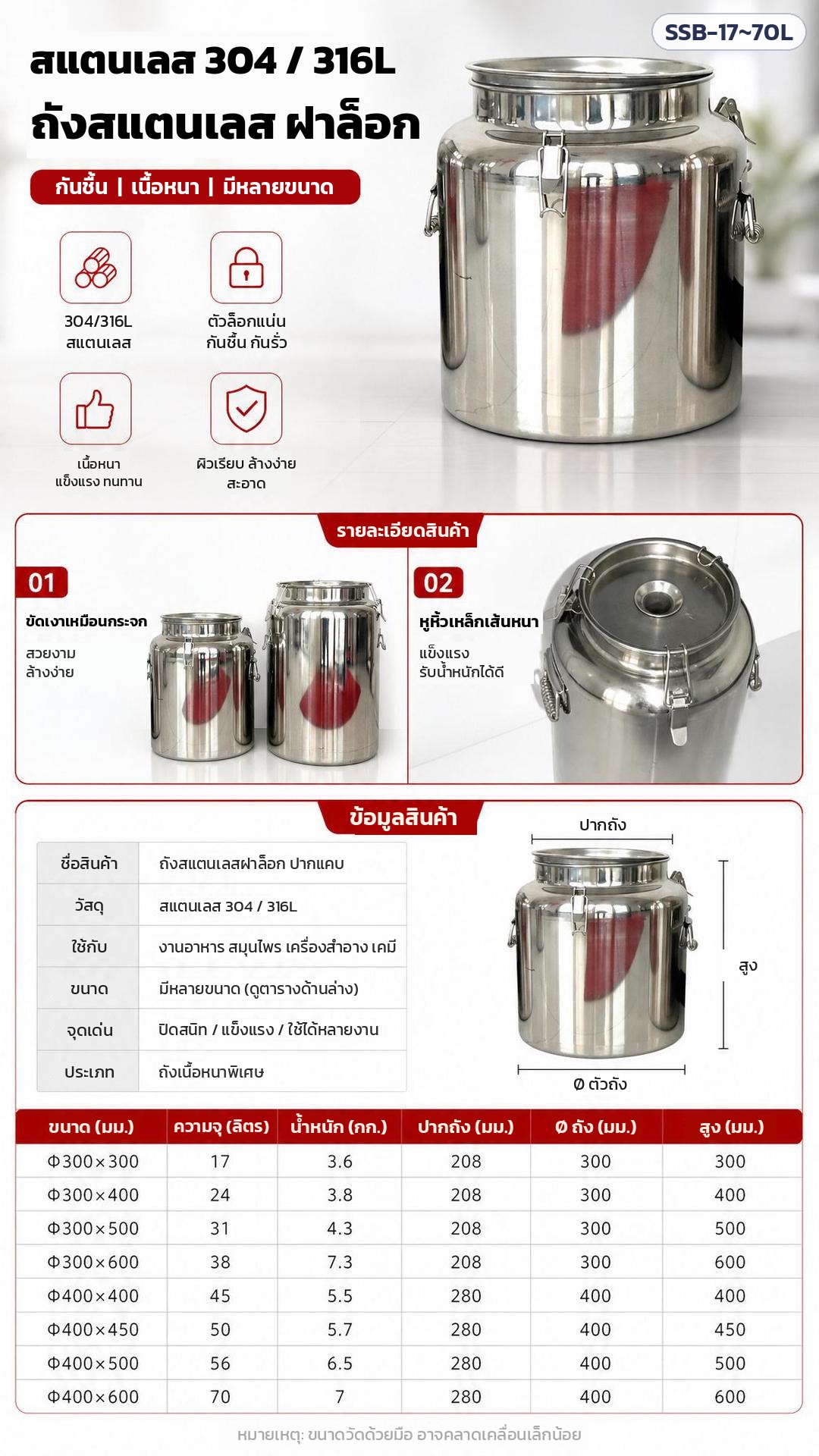 ข้อมูลสินค้า แผนภาพขนาด และตารางสเปก ปากถัง Ø ถัง ความสูง
