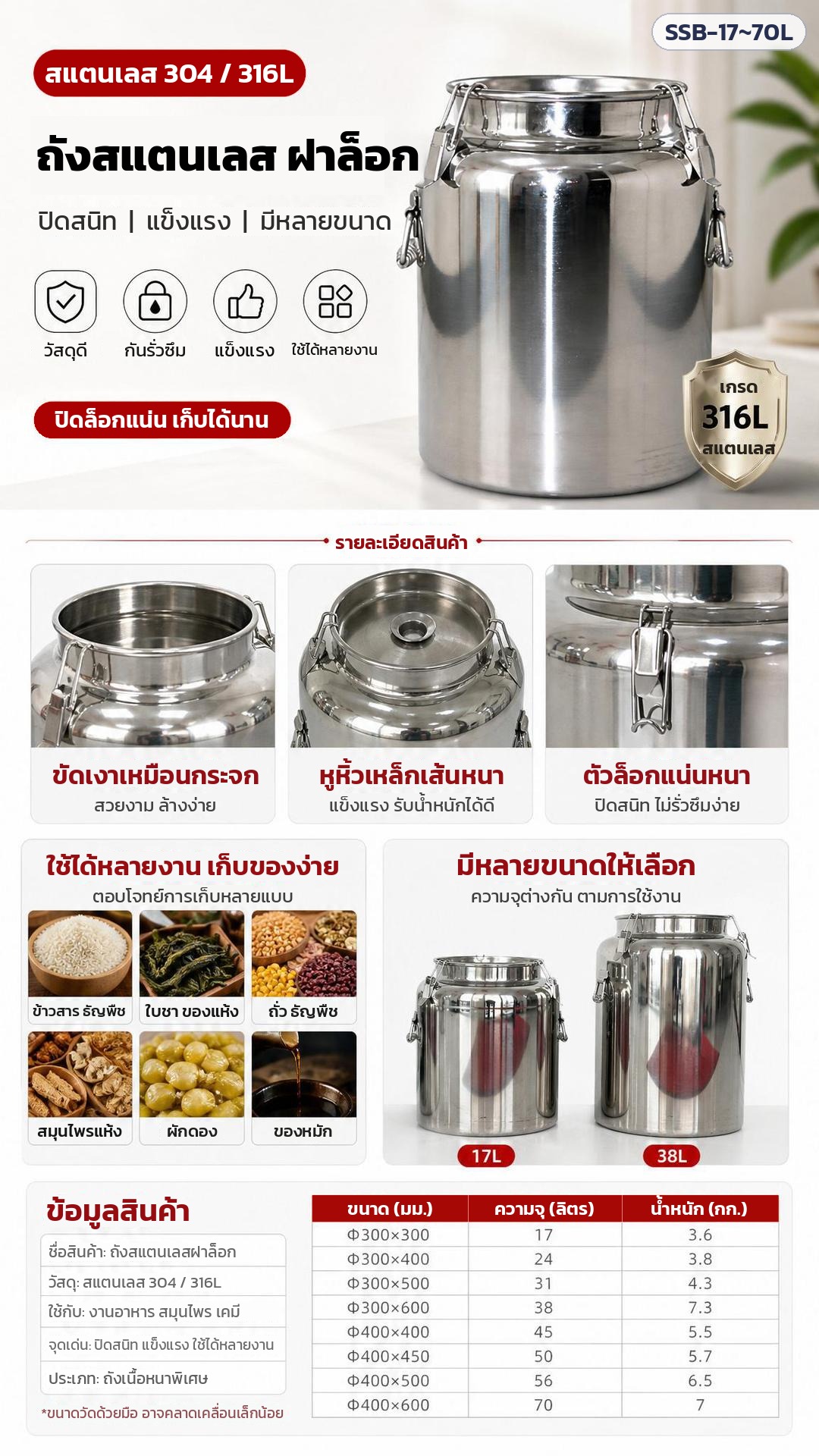 ถังสแตนเลสฝาล็อก – รายละเอียด การใช้งาน และตารางขนาด 8 ขนาด