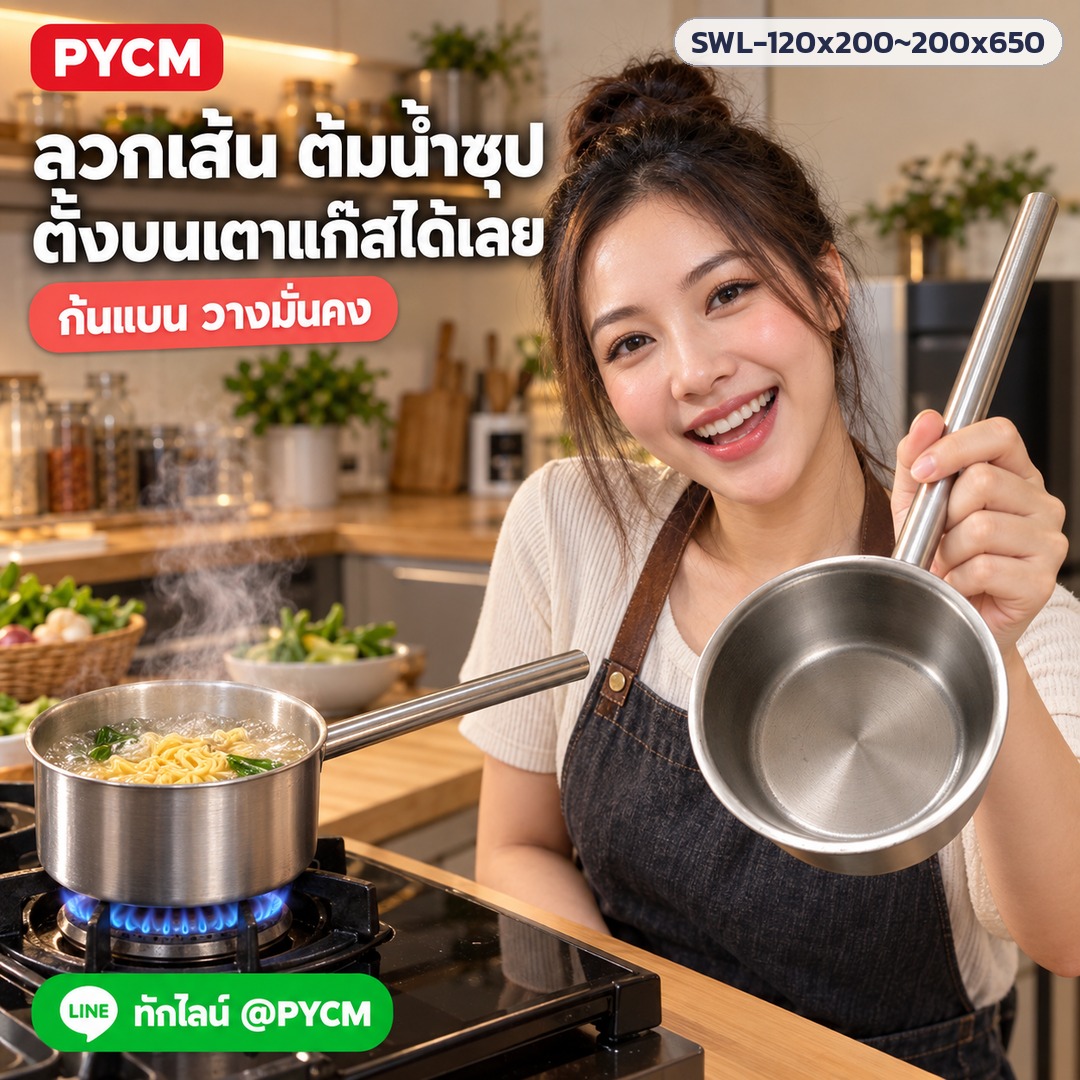 กระบวยตักน้ำสแตนเลส ด้ามยาว – ลวกเส้น ต้มน้ำซุป ตั้งบนเตาแก๊สได้เลย