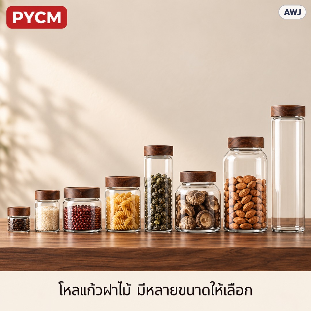 โหลแก้วฝาไม้ มีหลายขนาดให้เลือก