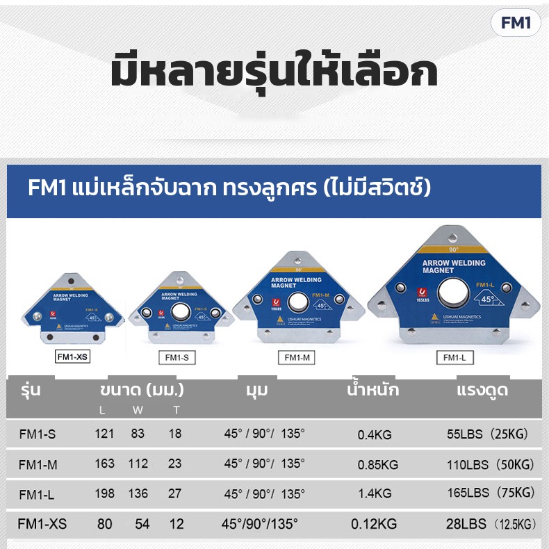 แม่เหล็กจับฉากงานเชื่อม – ตารางรุ่น FM1 ทรงลูกศร ไม่มีสวิตช์