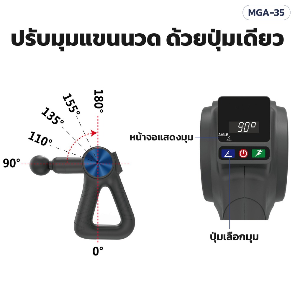 ปืนนวดกล้ามเนื้อ MGA-35 – ปรับมุมแขนนวดด้วยปุ่มเดียว 90° / 110° / 135° / 155° / 180° หน้าจอแสดงมุม