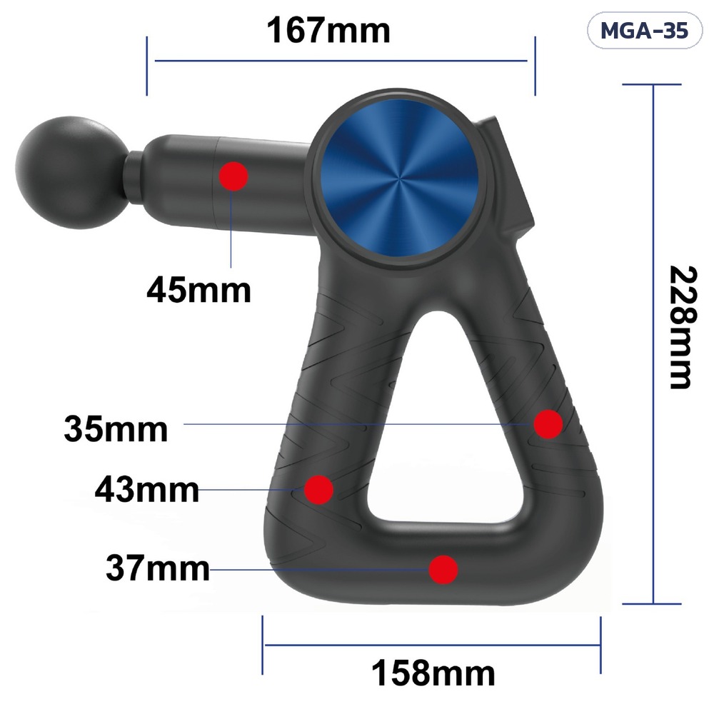 ปืนนวดกล้ามเนื้อ MGA-35 – ขนาดตัวเครื่อง 167 × 228 มม. แขนหัวนวด Ø45 มม. ด้ามจับทรงสามเหลี่ยม