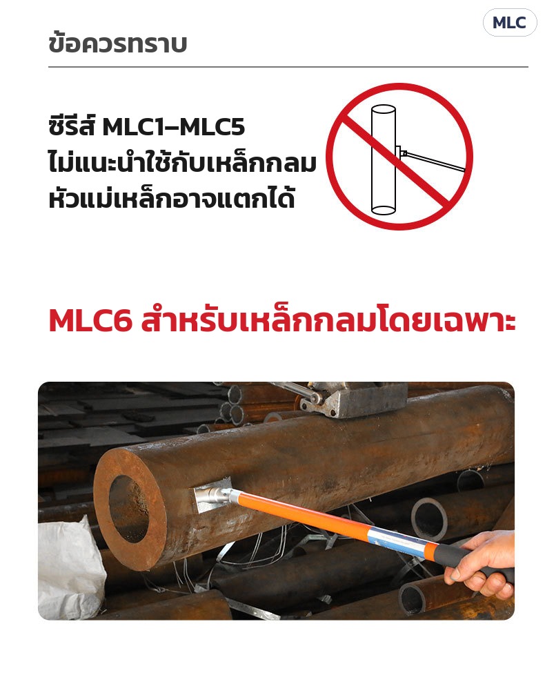 ด้ามแม่เหล็กควบคุมโหลดยก – MLC1–MLC5 ไม่แนะนำใช้กับเหล็กกลม · MLC6 สำหรับเหล็กกลม